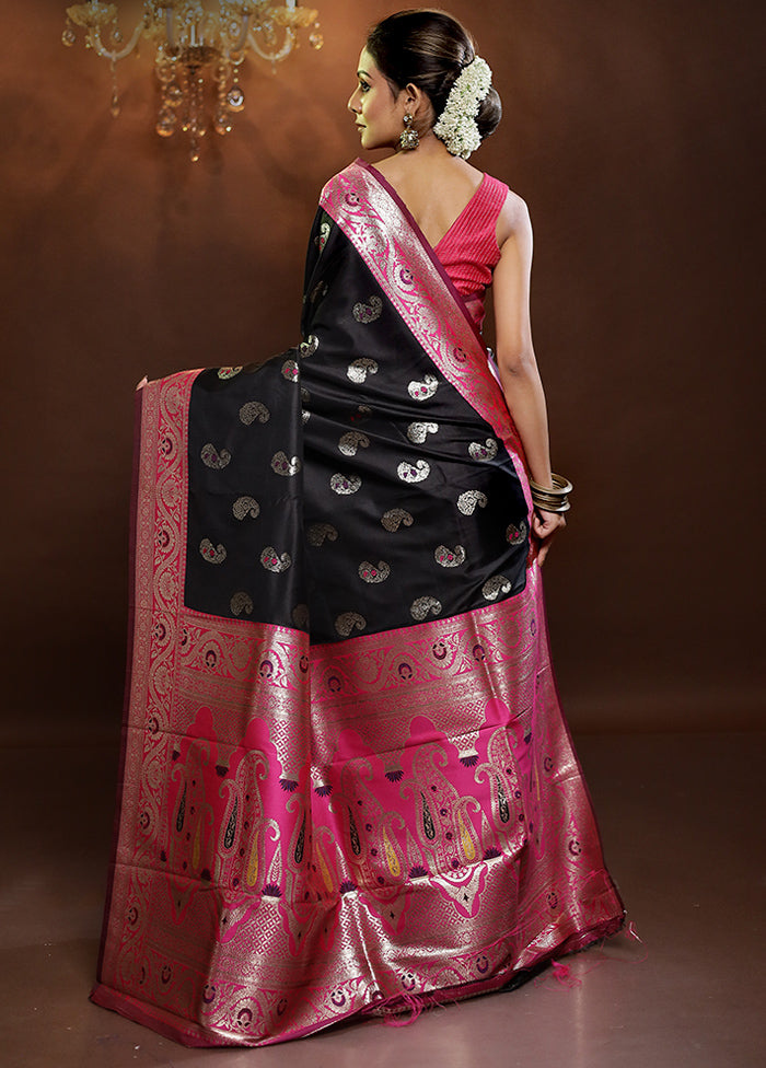 Black Dupion Silk Saree With Blouse Piece - Indian Silk House Agencies