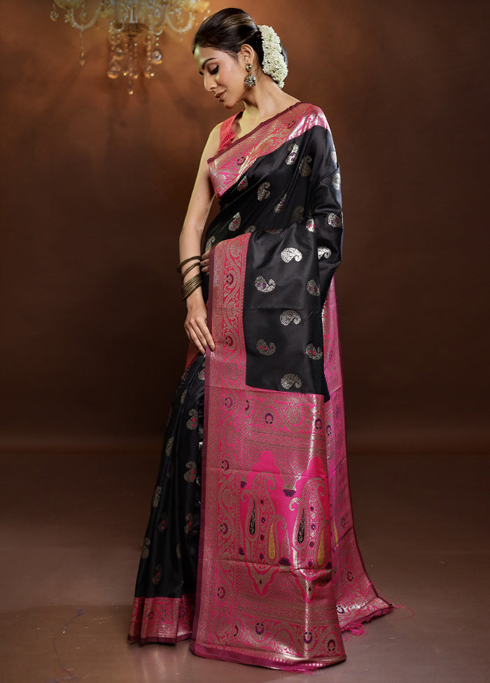 Black Dupion Silk Saree With Blouse Piece - Indian Silk House Agencies