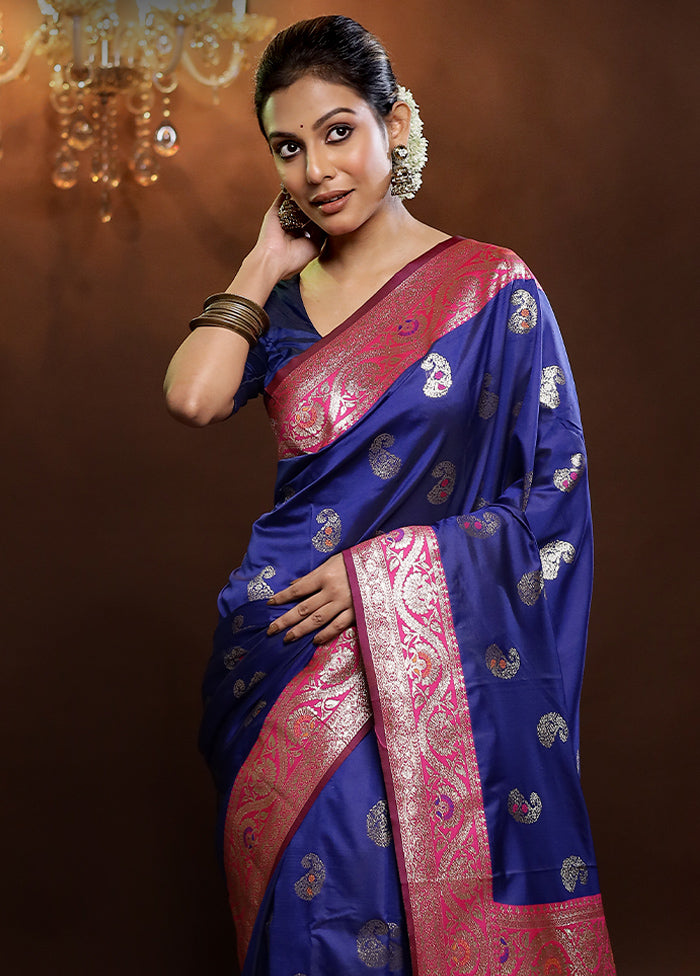 Blue Dupion Silk Saree With Blouse Piece