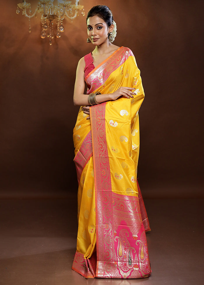 Yellow Dupion Silk Saree With Blouse Piece