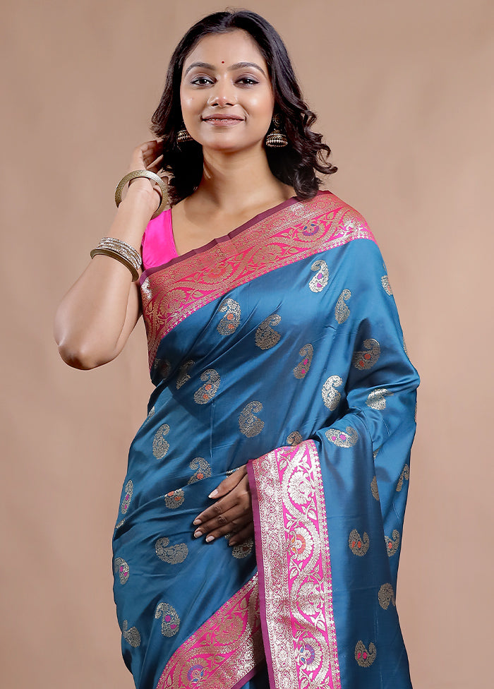 Blue Dupion Silk Saree With Blouse Piece - Indian Silk House Agencies