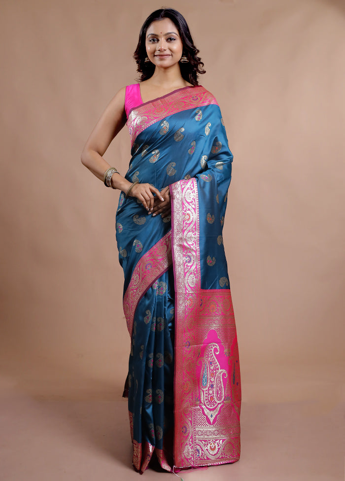 Blue Dupion Silk Saree With Blouse Piece - Indian Silk House Agencies