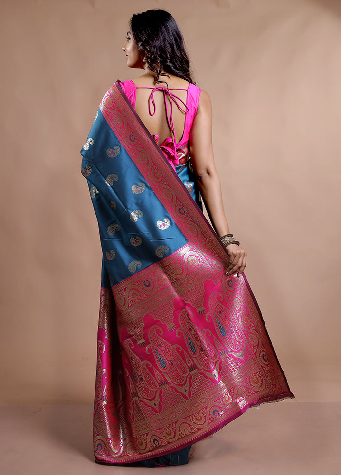 Blue Dupion Silk Saree With Blouse Piece - Indian Silk House Agencies