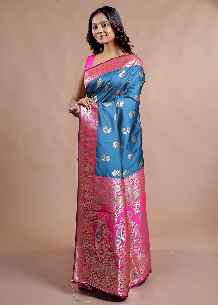 Blue Dupion Silk Saree With Blouse Piece - Indian Silk House Agencies