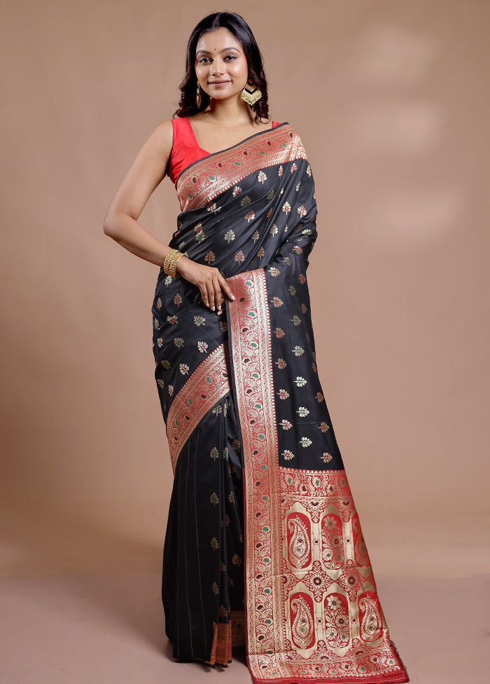 Black Dupion Silk Saree With Blouse Piece - Indian Silk House Agencies