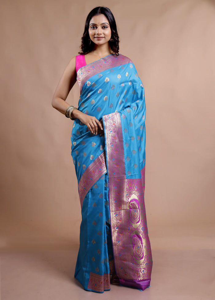 Blue Dupion Silk Saree With Blouse Piece - Indian Silk House Agencies