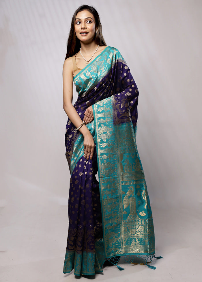 Blue Dupion Silk Saree With Blouse Piece