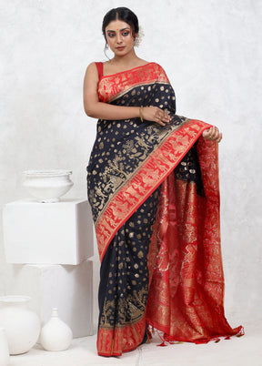 Black Dupion Silk Saree With Blouse Piece - Indian Silk House Agencies