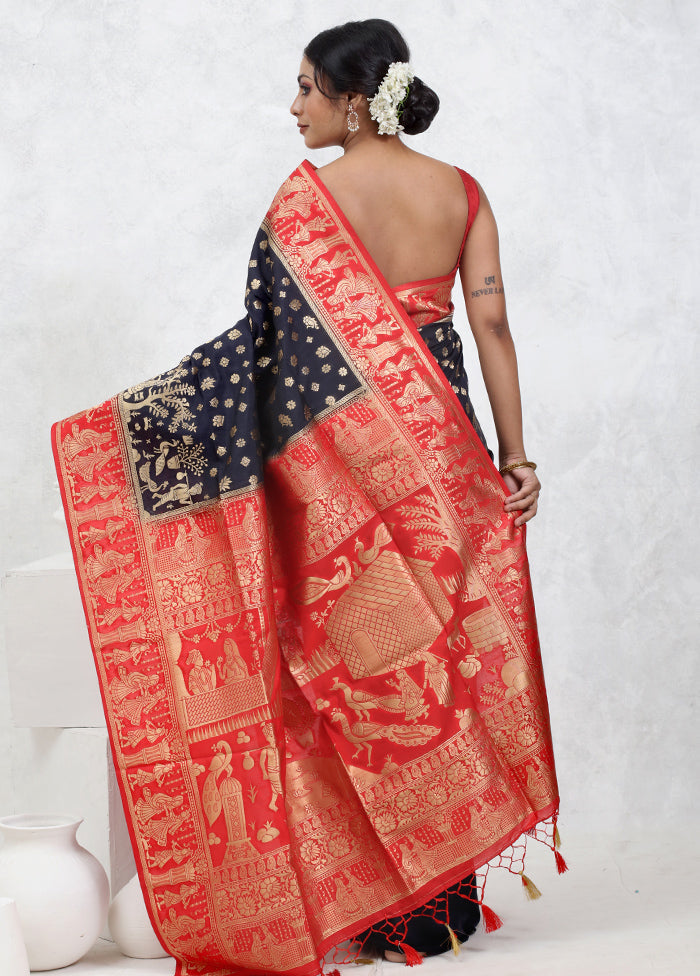 Black Dupion Silk Saree With Blouse Piece - Indian Silk House Agencies