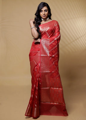 Red Cotton Saree Without Blouse Piece - Indian Silk House Agencies