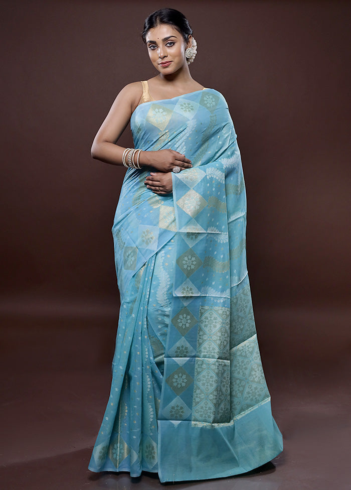 Blue Kora Silk Saree Without Blouse Piece - Indian Silk House Agencies