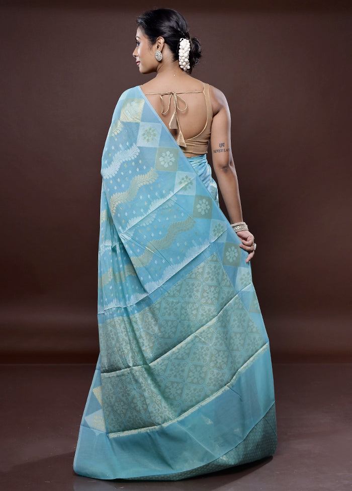 Blue Kora Silk Saree Without Blouse Piece - Indian Silk House Agencies