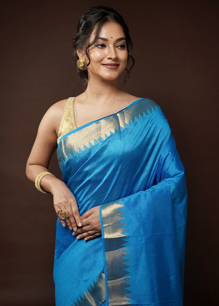 Blue Dupion Silk Saree With Blouse Piece - Indian Silk House Agencies