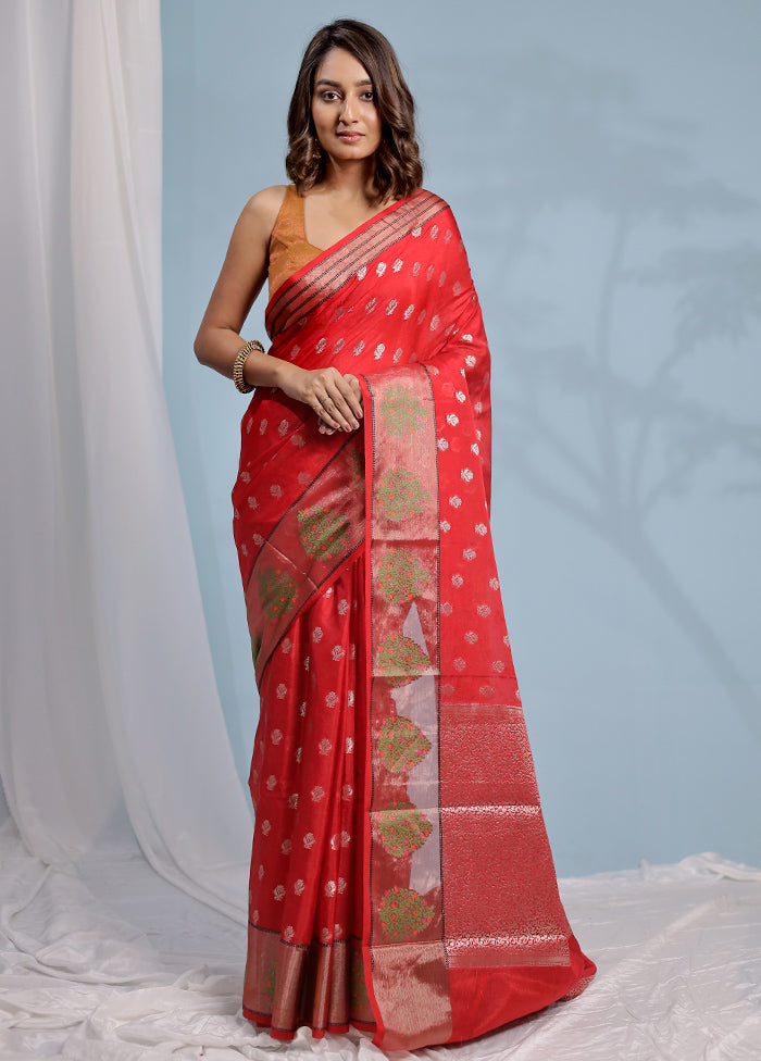 Red Dupion Silk Saree With Blouse Piece - Indian Silk House Agencies