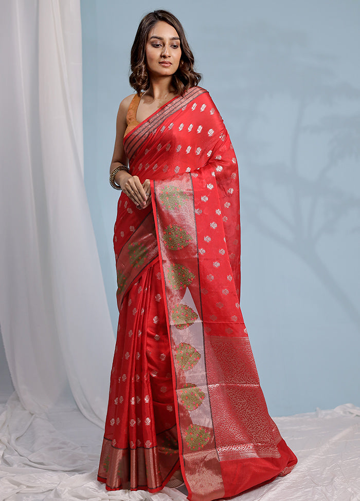 Red Dupion Silk Saree With Blouse Piece - Indian Silk House Agencies