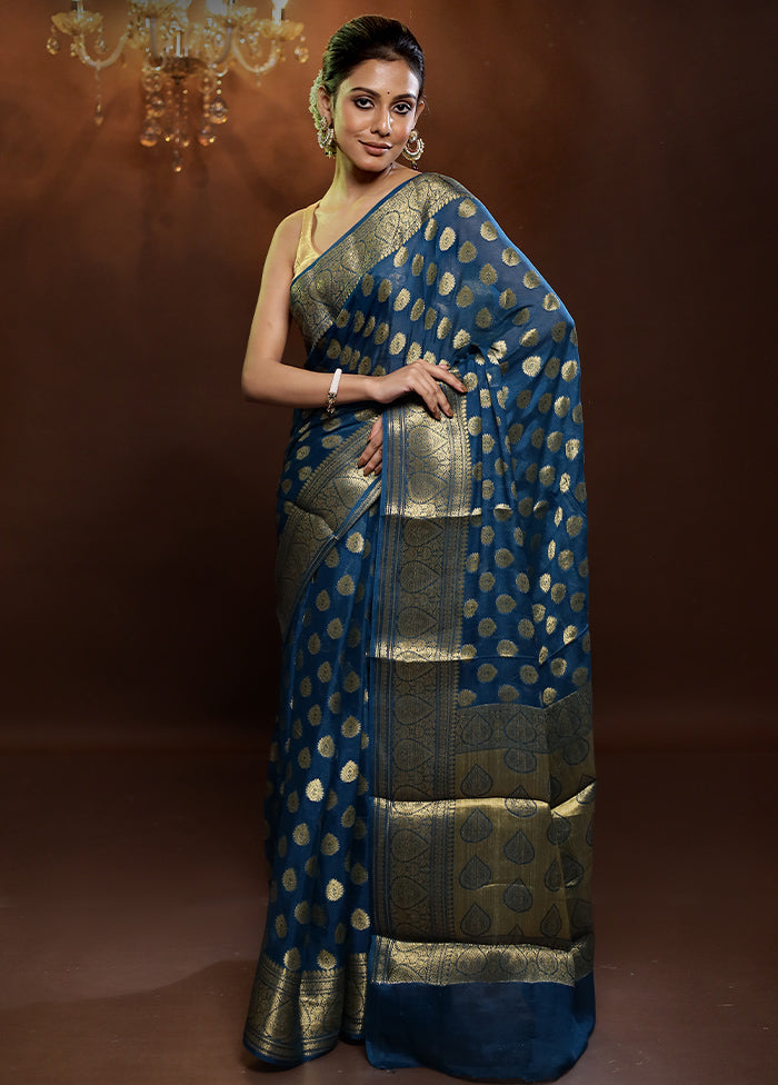 Blue Georgette Saree With Blouse Piece