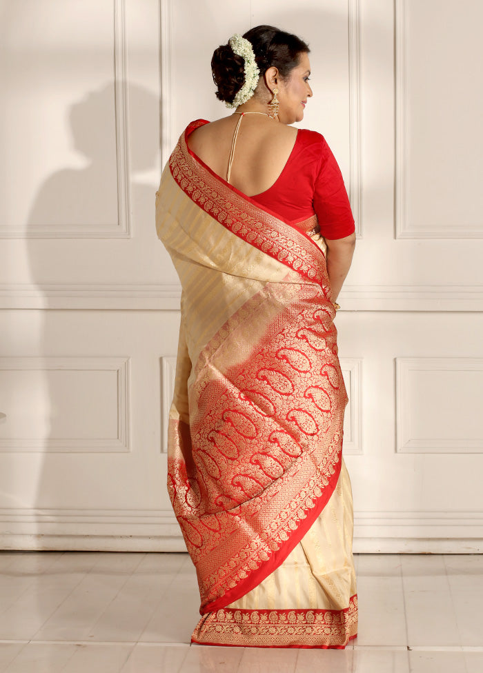 Cream Katan Pure Silk Saree With Blouse Piece - Indian Silk House Agencies