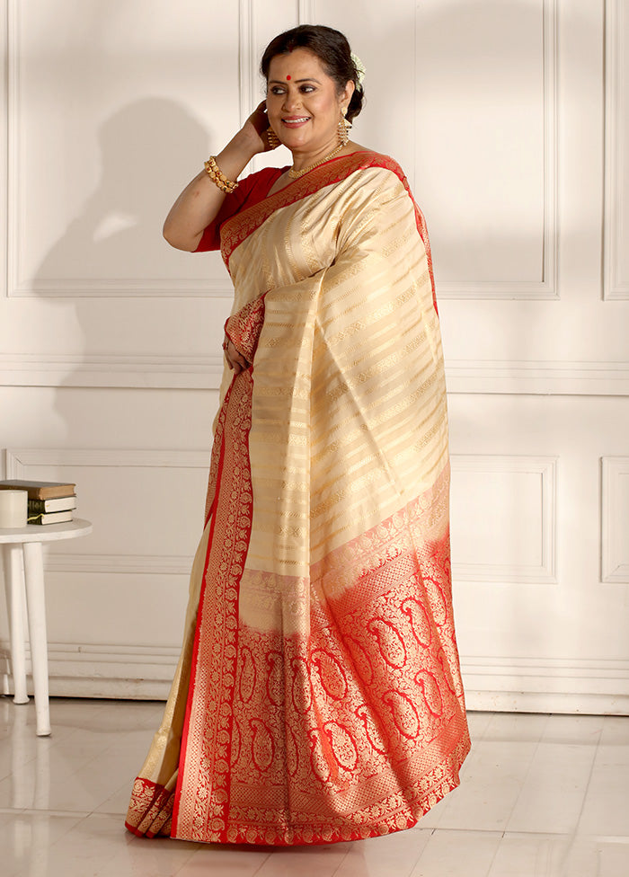 Cream Katan Pure Silk Saree With Blouse Piece - Indian Silk House Agencies