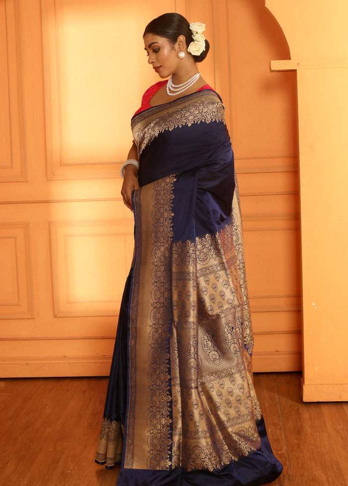 Blue Katan Pure Silk Saree With Blouse Piece - Indian Silk House Agencies