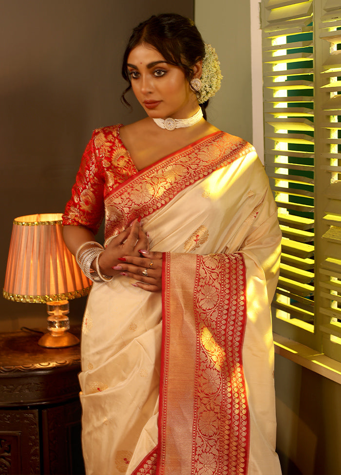 Cream Katan Pure Silk Saree With Blouse Piece - Indian Silk House Agencies