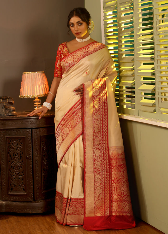 Cream Katan Pure Silk Saree With Blouse Piece - Indian Silk House Agencies