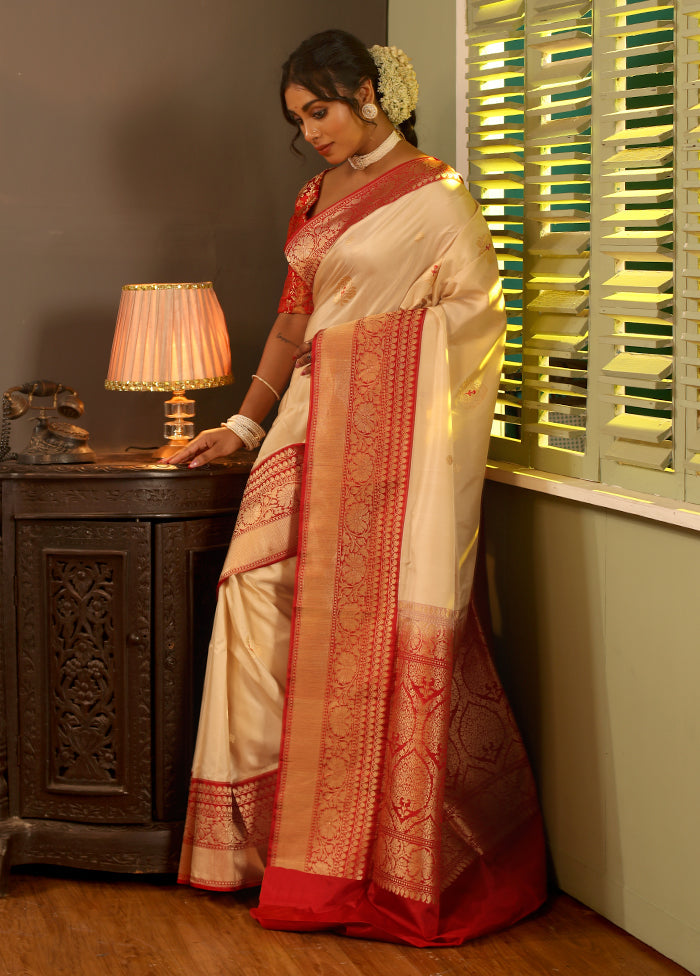 Cream Katan Pure Silk Saree With Blouse Piece - Indian Silk House Agencies