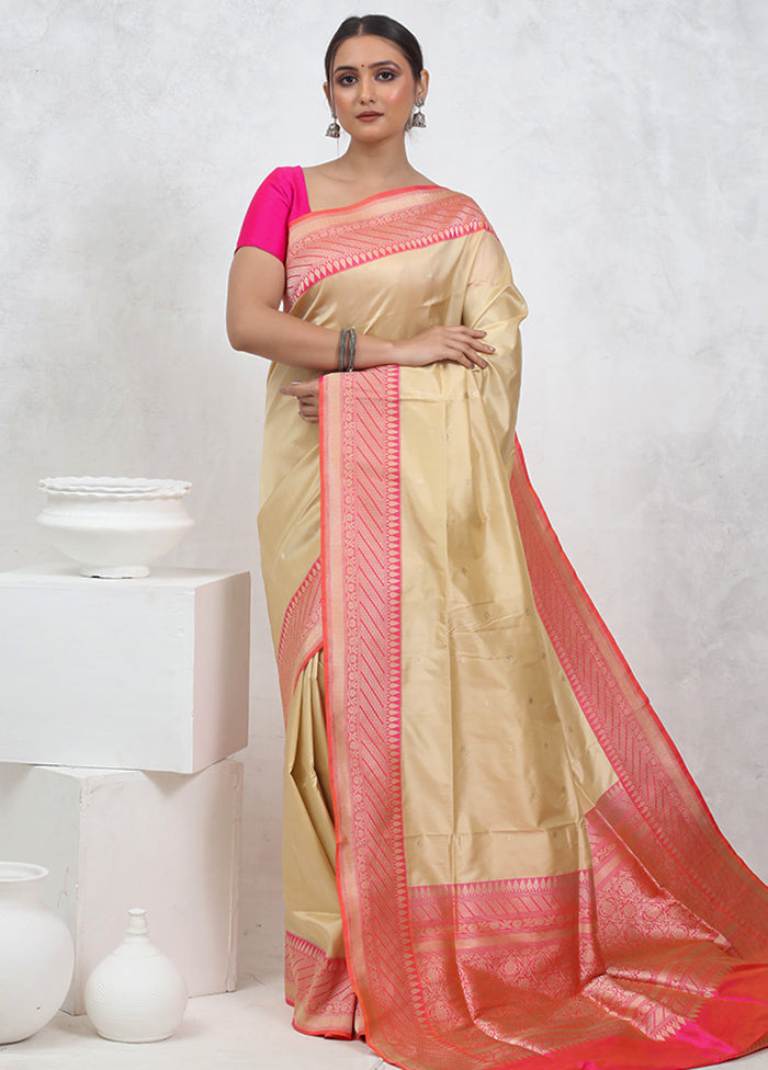 Cream Katan Pure Silk Saree With Blouse Piece