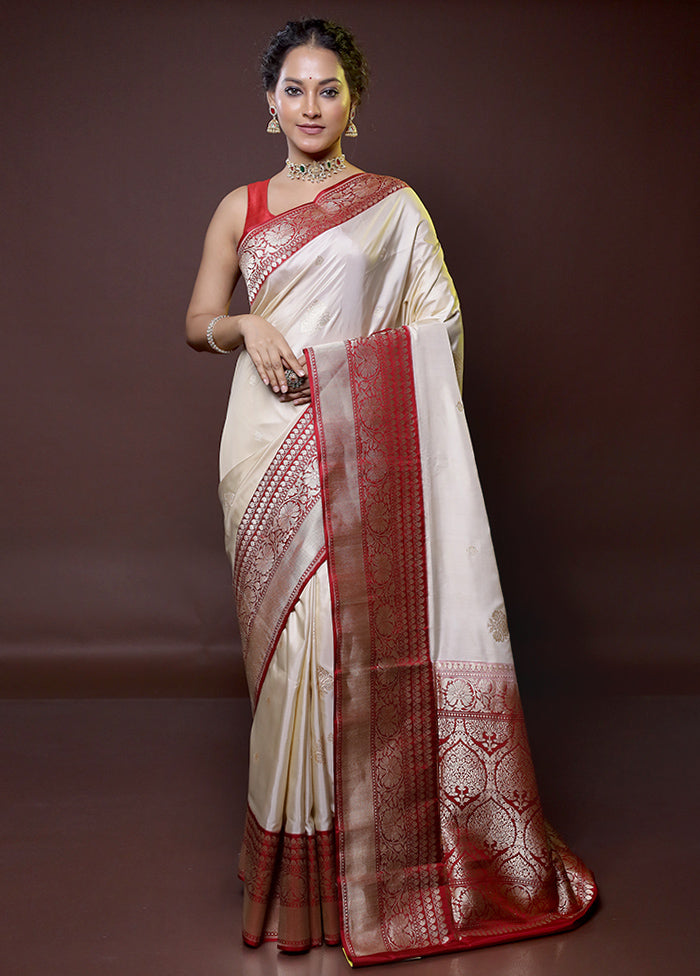 Cream Handloom Katan Pure Silk Saree With Blouse Piece