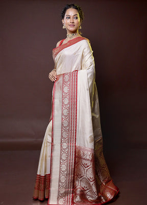 Cream Handloom Katan Pure Silk Saree With Blouse Piece