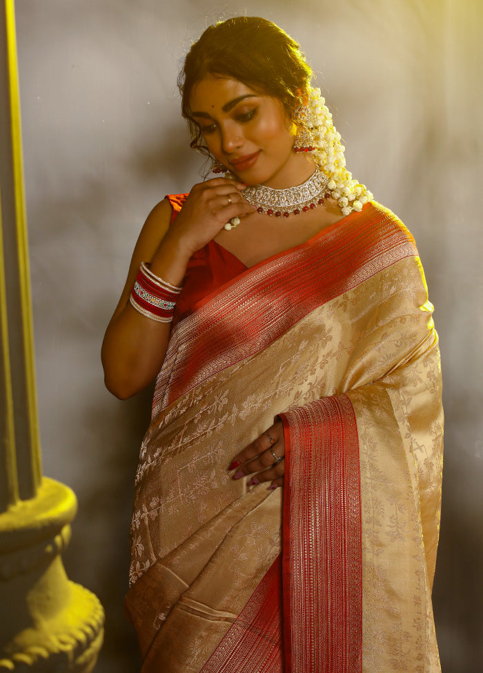 Cream Katan Pure Silk Saree With Blouse Piece - Indian Silk House Agencies