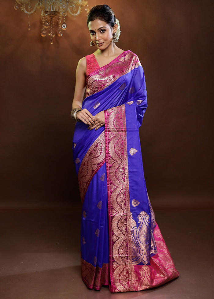 Blue Katan Silk Saree With Blouse Piece