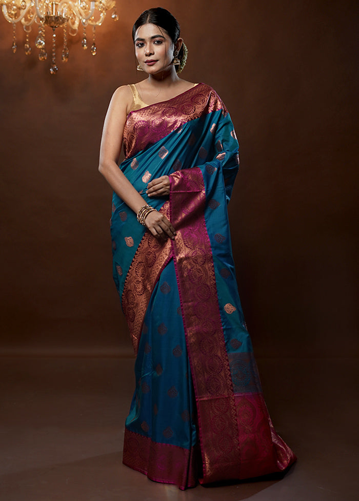 Blue Katan Silk Saree With Blouse Piece