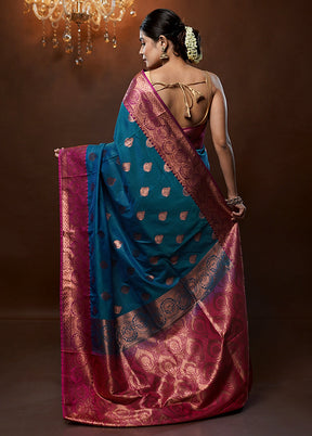 Blue Katan Silk Saree With Blouse Piece