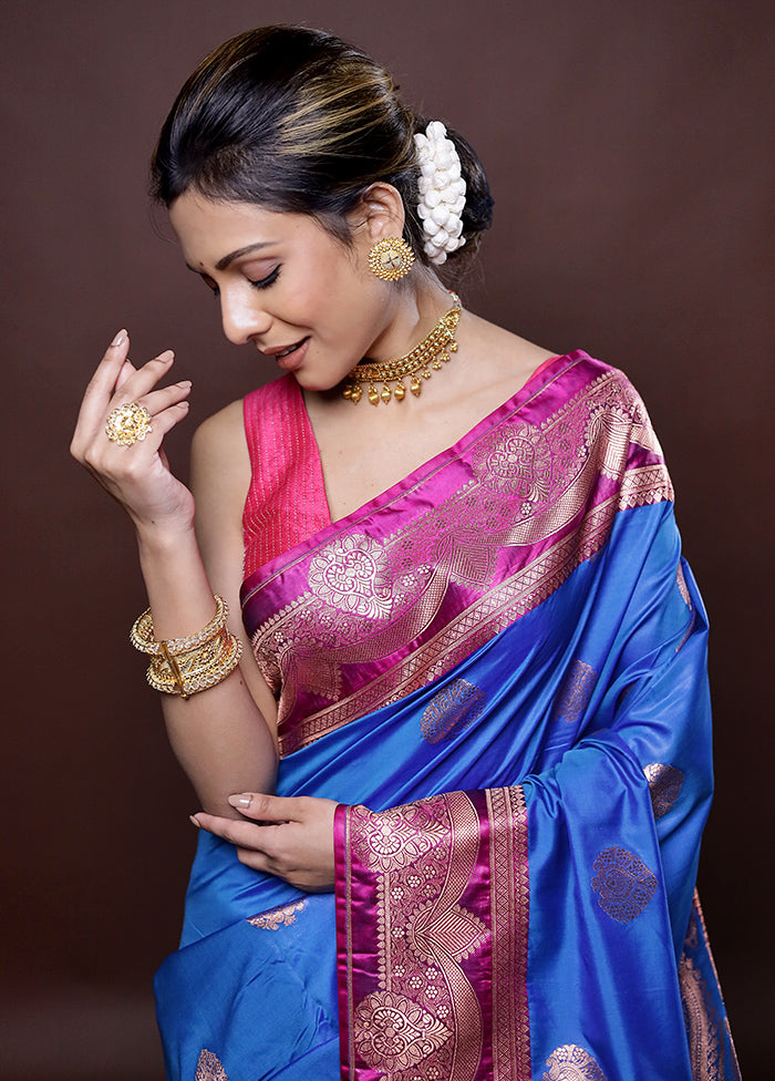 Blue Katan Silk Saree Without Blouse Piece - Indian Silk House Agencies