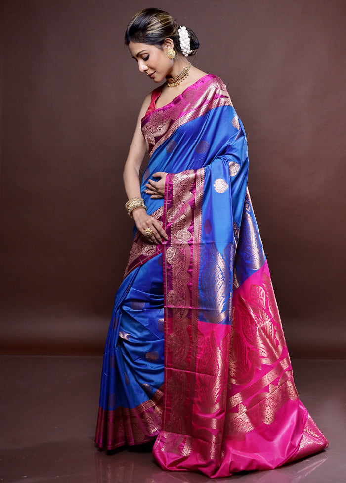 Blue Katan Silk Saree Without Blouse Piece - Indian Silk House Agencies