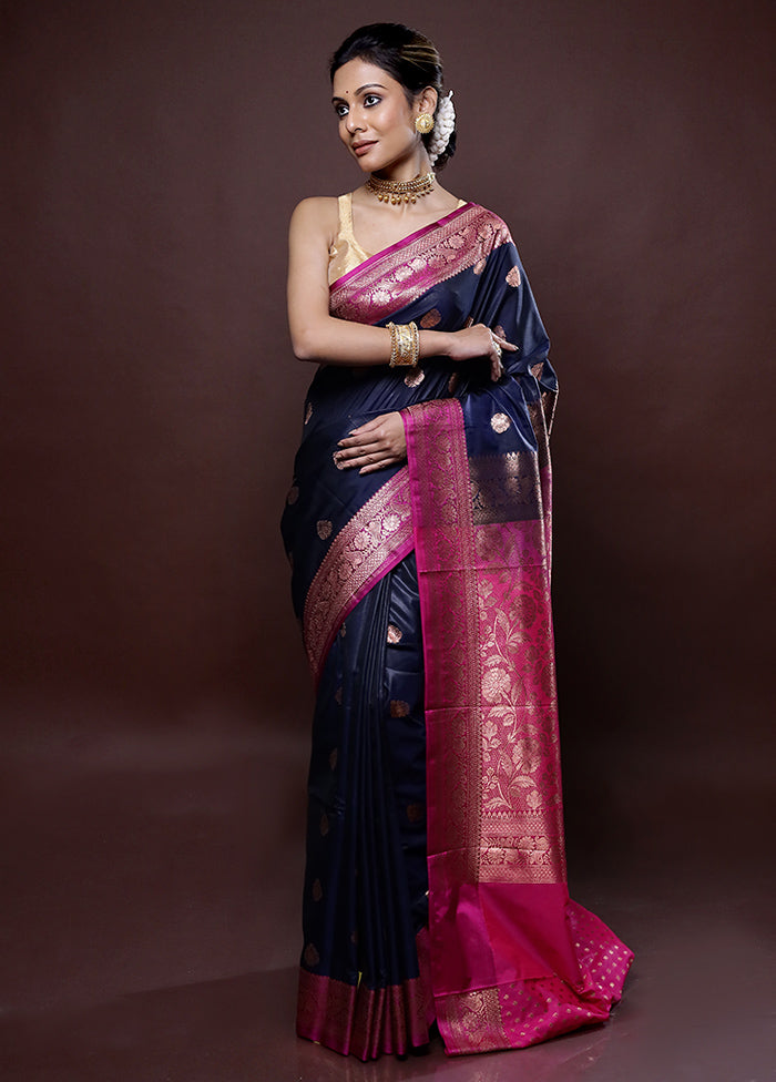 Blue Katan Silk Saree Without Blouse Piece - Indian Silk House Agencies