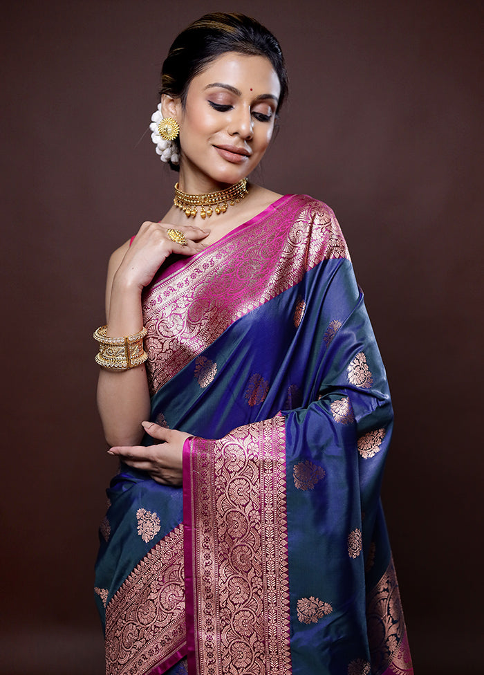 Blue Katan Silk Saree Without Blouse Piece - Indian Silk House Agencies