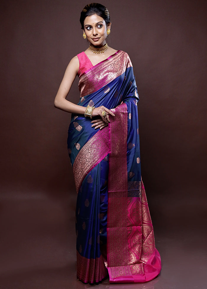 Blue Katan Silk Saree Without Blouse Piece - Indian Silk House Agencies