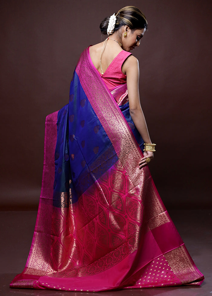 Blue Katan Silk Saree Without Blouse Piece - Indian Silk House Agencies