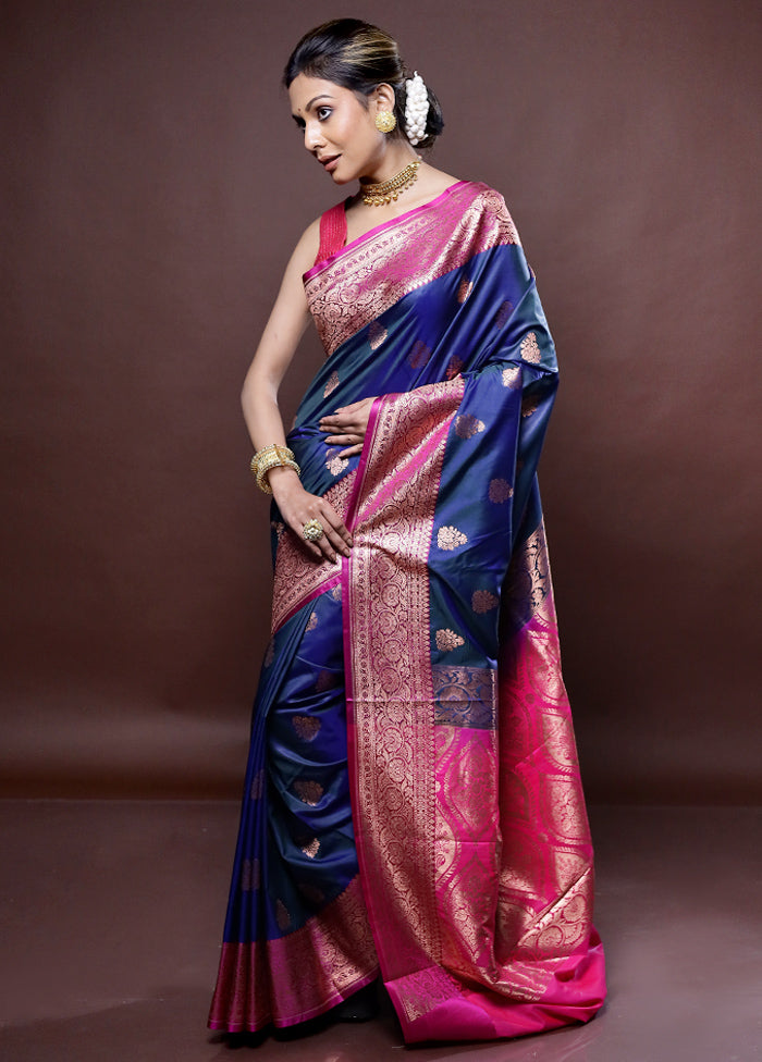 Blue Katan Silk Saree Without Blouse Piece - Indian Silk House Agencies