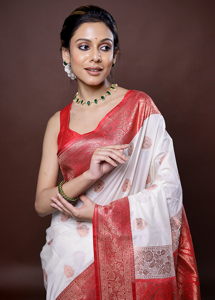 Cream Katan Silk Saree Without Blouse Piece - Indian Silk House Agencies