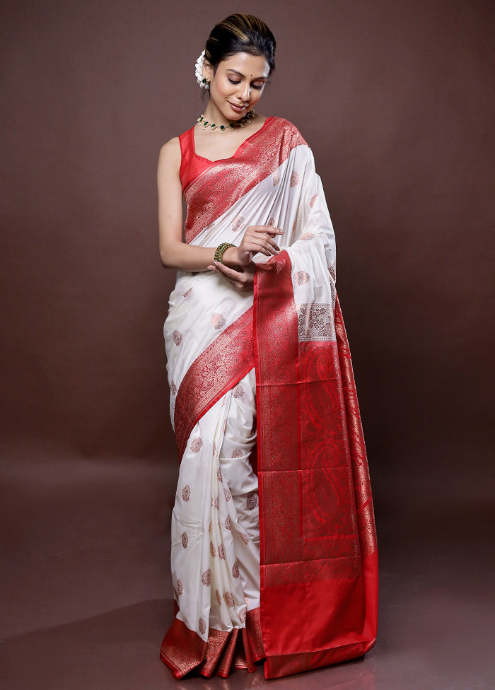 Cream Katan Silk Saree Without Blouse Piece - Indian Silk House Agencies