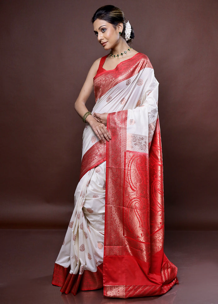 Cream Katan Silk Saree Without Blouse Piece - Indian Silk House Agencies