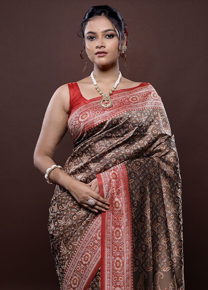 Brown Jamewar Banarasi Silk Saree Without Blouse Piece - Indian Silk House Agencies