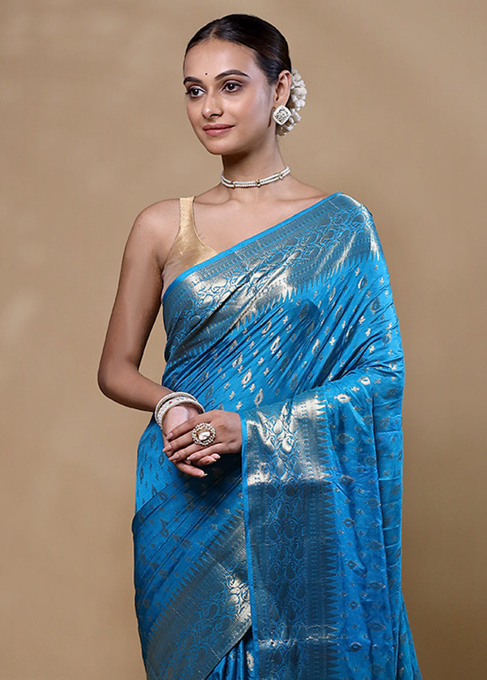 Blue Dupion Silk Saree With Blouse Piece