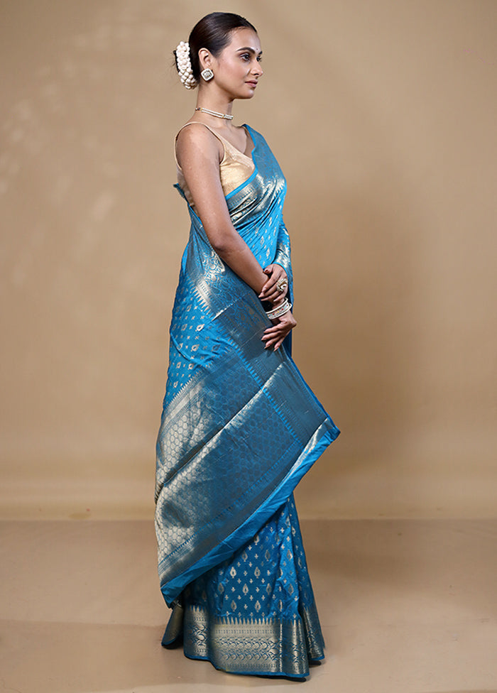 Blue Dupion Silk Saree With Blouse Piece