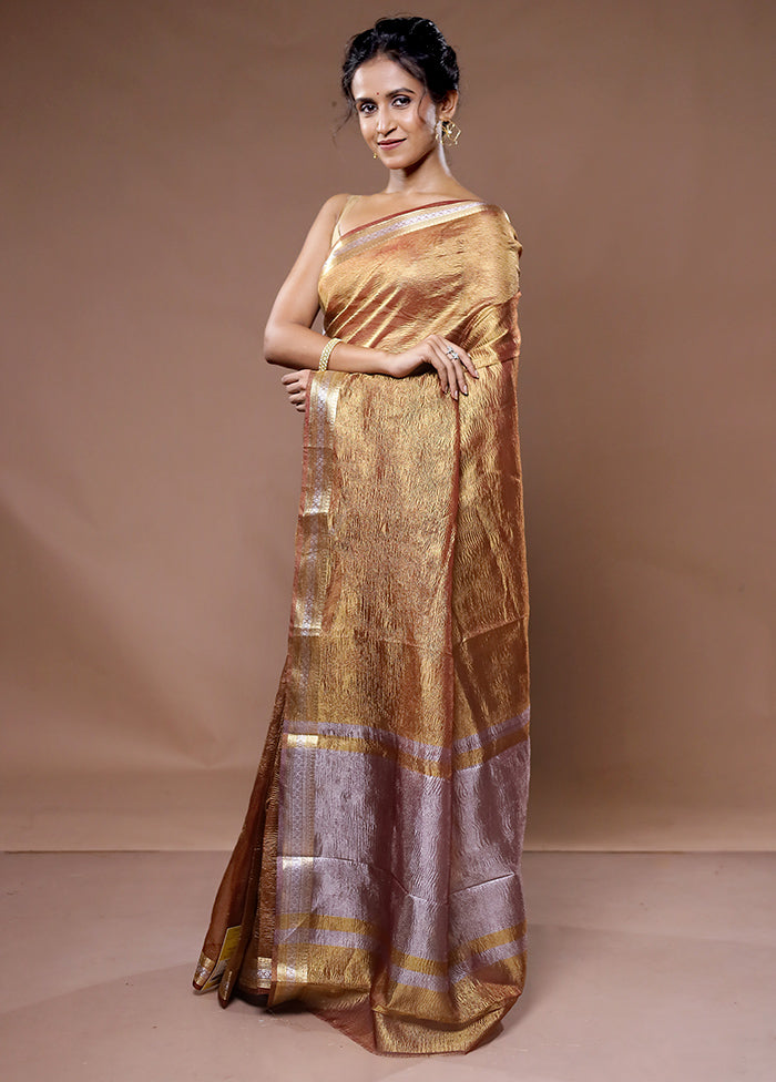 Brown Crushed Tissue Silk Saree With Blouse Piece - Indian Silk House Agencies