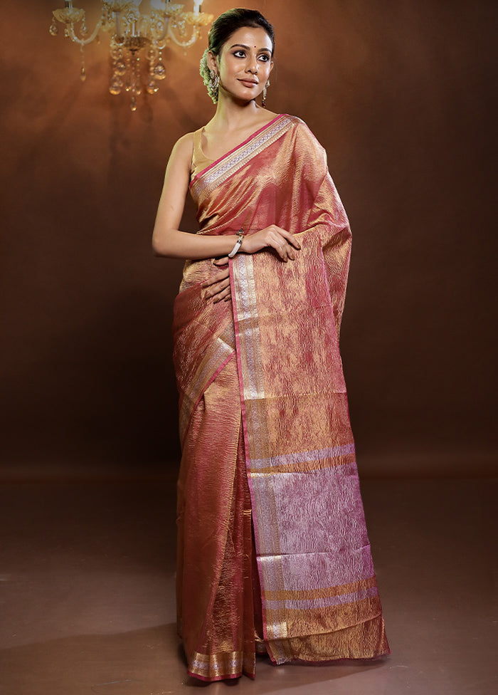 Orange Crushed Tissue Silk Saree With Blouse Piece