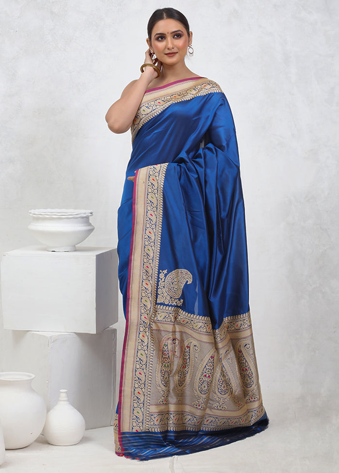 Blue Banarasi Pure Silk Saree With Blouse Piece - Indian Silk House Agencies