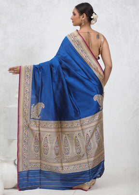 Blue Banarasi Pure Silk Saree With Blouse Piece - Indian Silk House Agencies